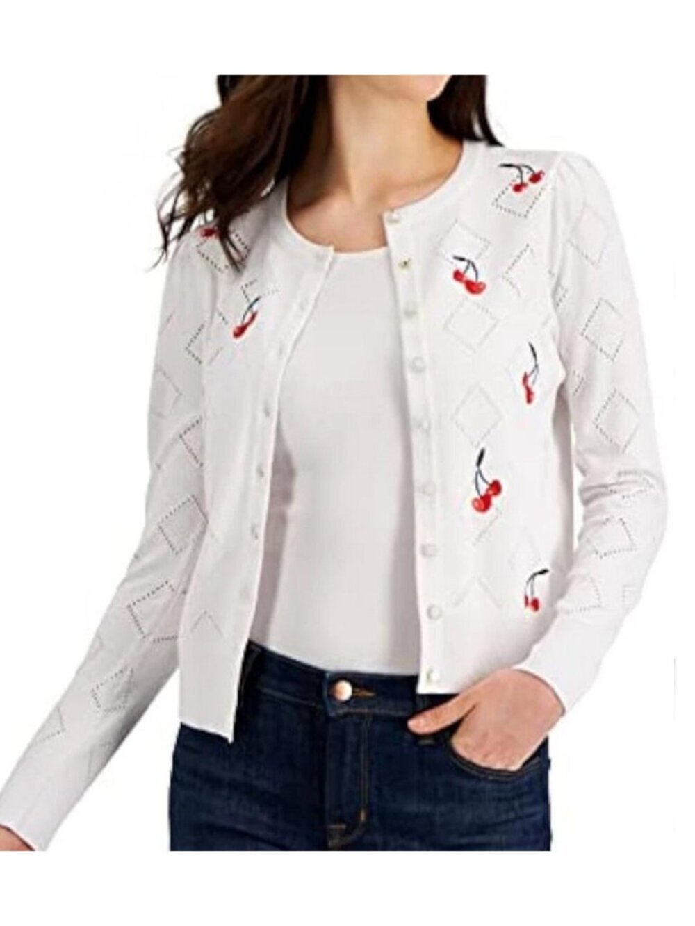 Charter Club White Cherry Embroidered Button Cardigan Sweater Cottagecore Size M